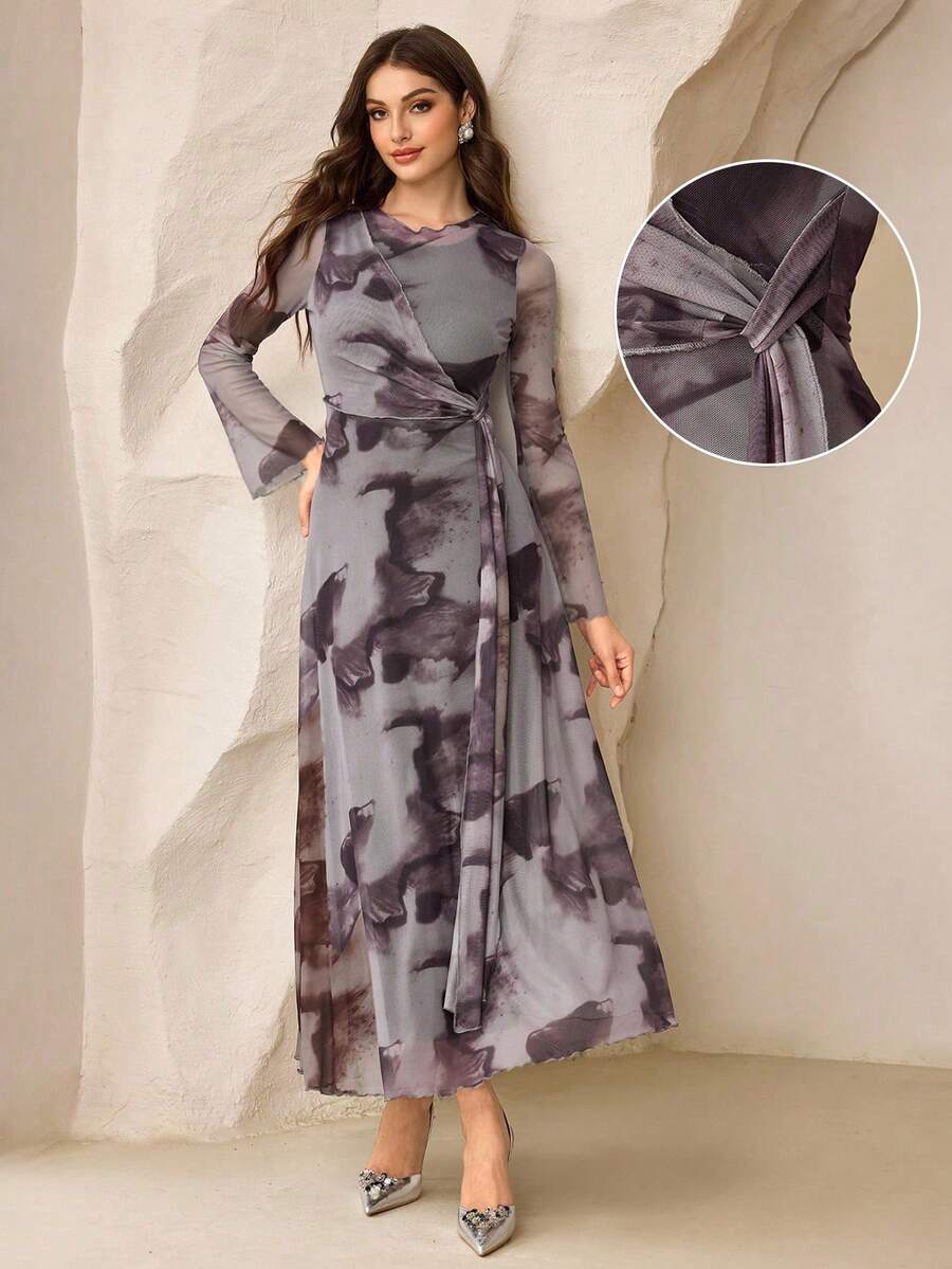 Modelyn 女士扎染印花网纱长袖连衣裙，腰部系带，褶裥下摆，优雅大气，适合秋冬季穿着