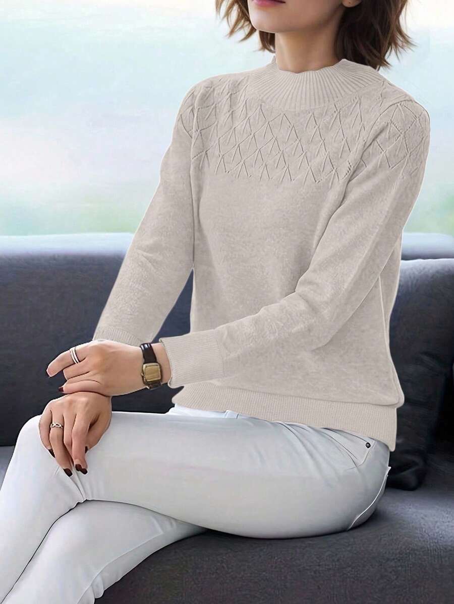 EMERY ROSE Áo len cổ lọ dệt kim tay dài màu trơn đơn giản đa năng cho nữ - Kem - Xem 1
