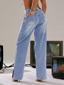 Denimoi Straight Leg Ankle Slit Button Detail Denim Jeans - Light Wash - View 3