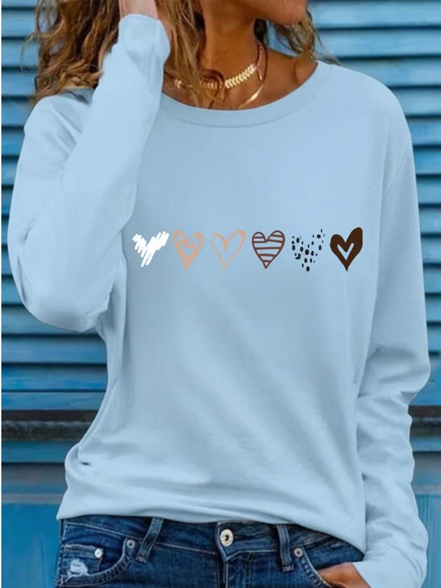 Mujer casual camiseta estampado gráfico love corazón amor día san valentín cerezas cereza enamorados pareja linda tierna cute rayas rayones dibujo letras creativo ajuste regular cuello redondo manga larga primavera erano uso diario comoda fresca ligera - Azul - Ver 1