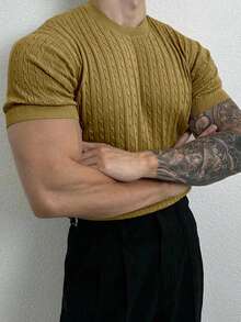 Manfinity Homme Áo thun nam tay ngắn dệt kim màu trơn thời trang thường ngày - Màu Mù tạt vàng - Xem 2