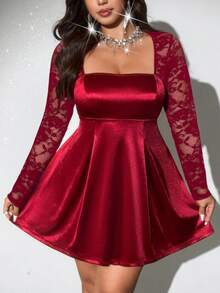 Viva Relle 大码女士优雅派对可爱甜美性感蕾丝拼接长袖褶皱腰A字迷你连衣裙，鸡尾酒会礼服，蕾丝连衣裙，彩排晚宴礼服，甜美风格，缎面毕业礼服，浪漫连衣裙，派对装扮，高端优雅，时尚春夏秋季，派对必备鸡尾酒会礼服，正式女士蕾丝袖连衣裙，优雅连衣裙，蕾丝迷你连衣裙 - 酒紅色 - 查看 2