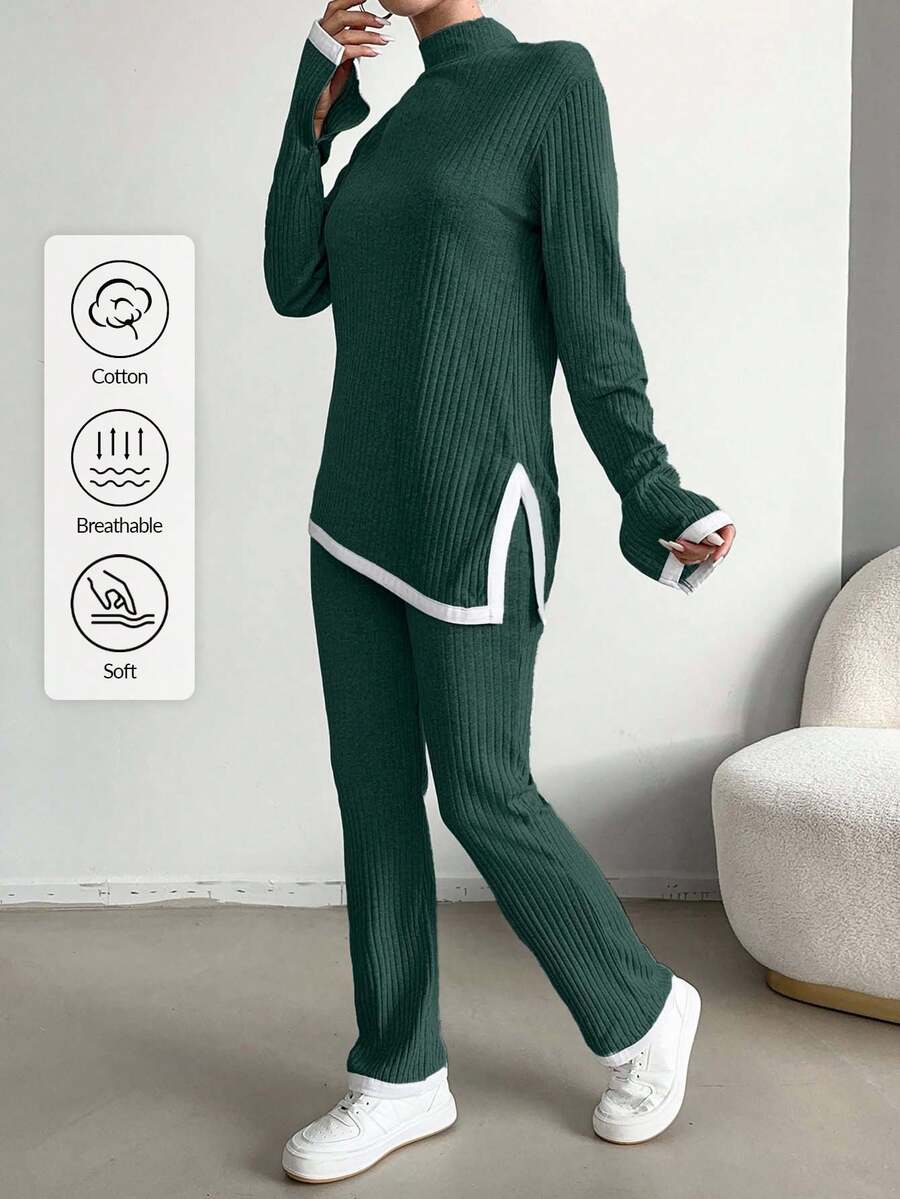 EURMUSE Cotton Contrast Binding Split Hem Tee & Pants - Dark Green - View 1