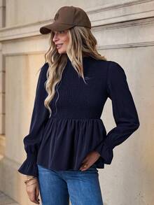 Solivie Blusa holgada de manga larga con volantes elegantes para mujer, camiseta interior versátil para otoño - Azul Marino - Ver 3