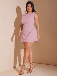 SHEIN BAE Plus Size Women's Red Ruched Mini Dress, Elegant Beach Vacation Dress For Spring/Summer Plus Size Dress Lilac Dress Plus - Pink - View 4