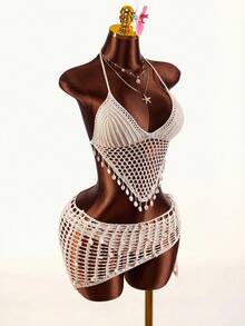 Amplova Set de 3 piezas: Vestido mini envolvente de crochet con escote halter y espalda descubierta - Albaricoque - Ver 4