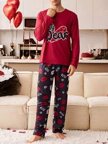 CoupledUp Set de pijamale casual pentru bărbați, cu imprimeu de litere, cu mânecă raglan și guler rotund, confortabil, pentru cupluri, cu tematică de Ziua Îndrăgostiților, cu tematică de buze roșii și "Draga mea", - Multicolor - Vizualizare 2