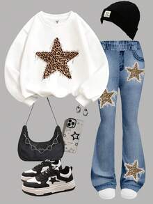 SHEIN Leap Crew 2 件套青少年女孩复古豹纹和星星图案厚实柔软舒适宽松圆领长袖运动衫和喇叭裤套装，适合秋季日常穿着、街头服饰、校园装、秋冬装 - 彩色 - 查看 4