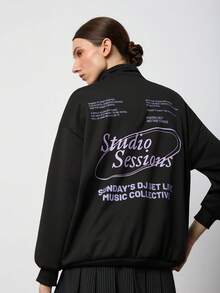 SURIMA Stylish 's Half Placket Zipper Detail Sweatshirt With Letter Pattern Stand Collar And Long Drop Shoulder Sleeves - Black - View 4