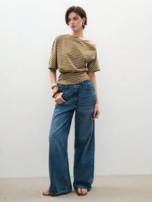 ATUI Studio 夏季百搭休闲条纹不对称肩短袖T恤女 - 咖啡棕 - 查看 1