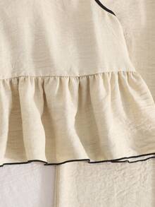 SHEIN 少女休闲简约舒适圆领无袖荷叶边下摆上衣和裤子套装 - 杏色 - 查看 6