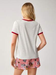 TOM & JERRY X SHEIN 女士可爱卡通印花短袖圆领上衣和格子短裤睡衣套装，夏季 - 淺灰色 - 查看 3