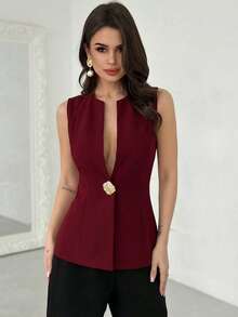 Firerie Top ajusté sans manches à col V profond élégant et décontracté avec boucle métallique, convient aux occasions décontractées, de navette et professionnelles / Gilet bordeaux / Nouvel An - Fushia - Voir 2