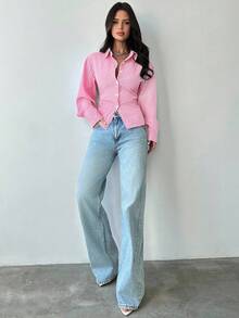 Firerie 女士粉白条纹长袖衬衫，系带腰身，休闲通勤衬衫，度假衬衫，收腰条纹衬衫，适合春、夏、秋、冬四季穿着，优雅，度假风，波西米亚风，工作装 - 粉色 - 查看 8