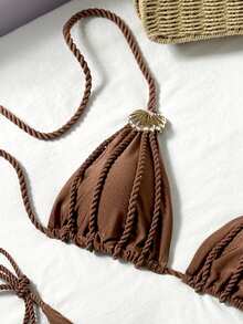 Bộ bikini tam giác gợi cảm 2 mảnh Swim Vcay màu trơn với dây thừng kim loại và trang trí vỏ sò, thích hợp cho mùa xuân/hè. - Cà phê nâu - Xem 3