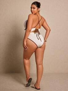 Elaquor Plus Size Women's Plunging V-Neck Halter One-Piece Swimsuit - Apricot - View 2