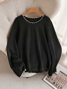 CosyJoli Plus Size Casual Round Neck Lace Patchwork Sheer Pullover T-Shirt For Spring, Black Tops - Black - View 1