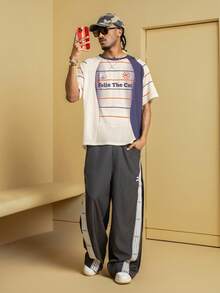 Felix The Cat X SHEIN Men's Summer Casual Patchwork Striped Cat Print Raglan T-Shirt - Apricot - View 3