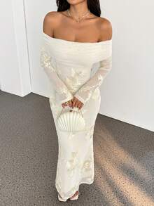 SHEIN PETITE 女士露肩网纱花卉提花修身优雅中长连衣裙，秋季，女士秋季连衣裙，长款派对连衣裙，外出连衣裙，白色民事婚礼连衣裙，女士优雅连衣裙，时尚连衣裙，婚礼宾客连衣裙，伴娘连衣裙 - 白色 - 查看 9