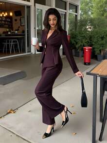 Firerie Women's Casual And Elegant Suit Jacket And Wide-Leg Pants Set, With A Fitted Top And Metal-Buckled Fitted Blazer/Purple Suit/Suit Suitable For Office And Commuting. (Keywords: Autumn Women's Wear, Autumn Outfits, Back To School Season, Business Casual Women's Wear, Retro Style Women's Wear, Office Wear, Outfits, Autumn Women's Wear, Vintage Style Suit) - Mocha Brown - View 7