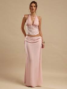 SHEIN BAE 纯色杏粉色垂褶领口系带腰身女士长款薄纱雪纺半身裙，性感透视沙滩裙，度假沙滩裙，夏季半身裙，粉色半身裙，适合优雅派对、夜店、音乐节等场合 - 粉色 - 查看 4