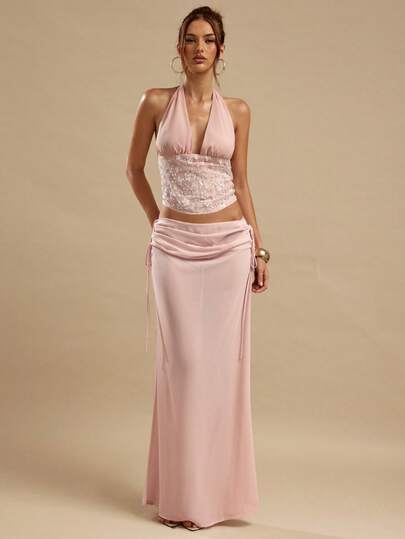 SHEIN BAE Solid Apricot Pink Draped Neck Tie Waist Women's Maxi Sheer Chiffon Skirt, Sexy See-Through Beach Skirt, Holiday Beach Skirt, Summer Skirt, Pink Skirt For Elegant Party, Club, Music Festival