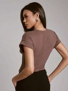 Hauture Women's Sexy Simple Front Boning With Brushed Knit Jersey Daily Top - Brown - View 2