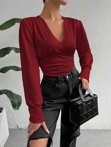 SHEIN Essnce Women's Solid V-Neck Long Sleeve Gathered Minimal Slim Bodysuit - Burgundy - View 6