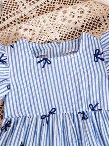 SHEIN 2 Stücke Baby Mädchen Frühling/Sommer Lässig gestreifte Rüschenärmel Schleife Webshirt Top und Hose Set Kleinkind Koordinationsanzug Baby Mädchen Prinzessin Lässig Hose Sets Blau und Weiß Outfit für Baby Mädchen Zweiteiler Baby Mädchen - Blau - Übersicht 8