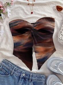 Soleia 女士休闲浪漫衬衫，适合夏季度假穿着，扭结前襟，不对称下摆，扎染印花 - 彩色 - 查看 7