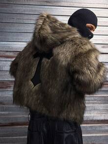 AXEPEAK Men's Autumn/Winter Fashion Street Casual Cross Embroidery Zipper Front Faux Fur Hooded Jacket - Dark Grey - View 5