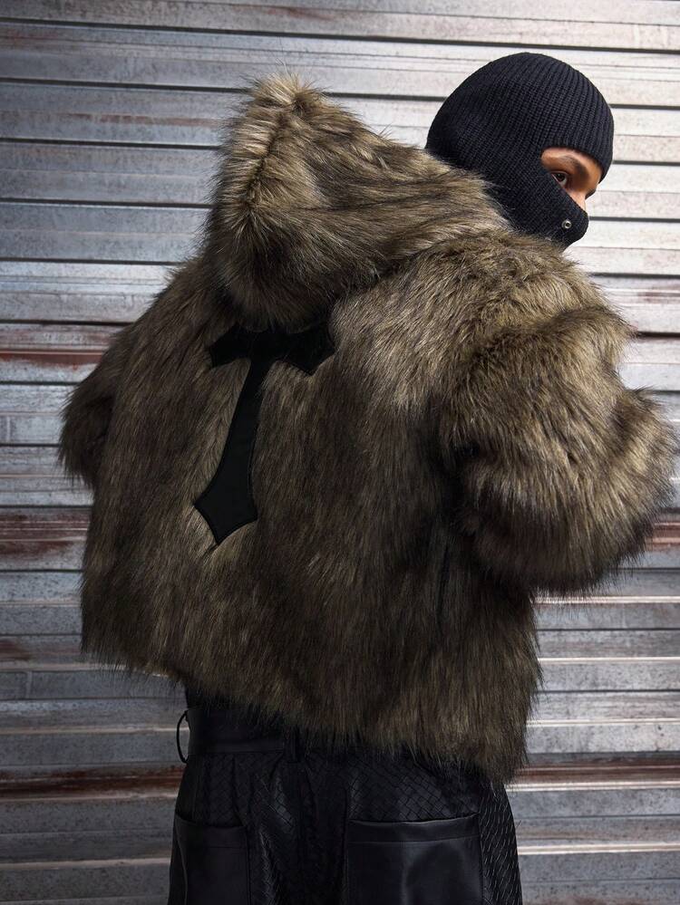 AXEPEAK Giacca con cappuccio in finta pelliccia con zip e ricamo a croce, stile casual di moda per uomo in autunno/inverno - Grigio Scuro - Visualizzare 5