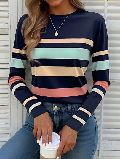 EMERY ROSE Damen Lässig Gestreiftes Rundhals Langarm T-Shirt, Herbst