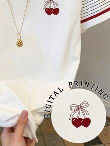 Resyla 女士撞色圆领短袖休闲樱桃印花T恤，夏季 - 白色 - 查看 5