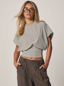 MISSGUIDED 女士条纹短袖收腰罗纹上衣休闲夏季衬衫 - 彩色 - 查看 1