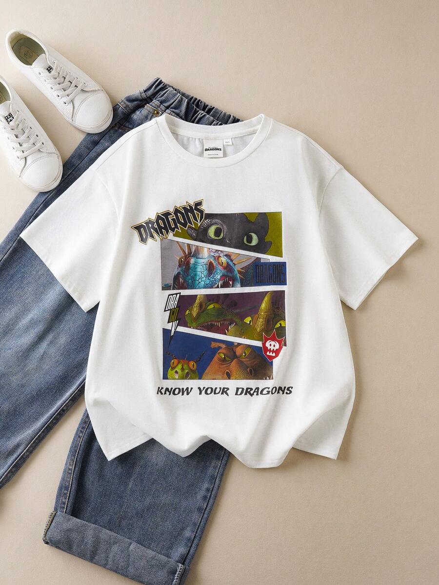 SHEIN How to Train Your Dragon Tween Boy 1pc Casual Style Round Neck Short Sleeve Comfortable T-Shirt, Suitable For School, Gatherings, Outings And More - White - View 1
