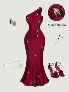 SHEIN MOD Đầm lệch vai màu xanh hải quân thanh lịch dành cho nữ, đầm dự tiệc, đầm lệch vai sang trọng, đầm dạ hội màu xanh hoàng gia, đầm xanh thanh lịch, trang phục Giáng sinh, đầm mùa hè, quần áo mùa đông cho nữ, đầm năm mới, đầm dự tiệc, đầm dạ hội cao cấp dành cho nữ. - Màu Đỏ Sâu - Xem 3