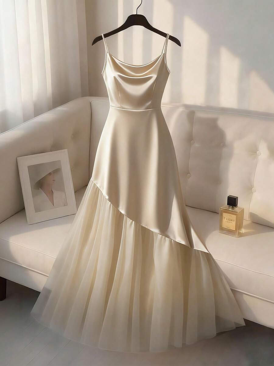 Franclia 女士优雅吊带垂褶领口腰部褶皱多层网纱下摆连衣裙 - 香檳色 - 查看 1