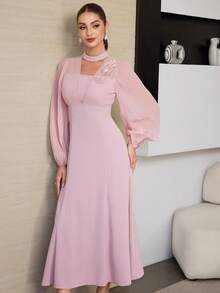 Modelyn Váy dạ hội trang trọng thanh lịch dành cho nữ với tay áo xếp ly, đính hạt 3D trang trí, chắp vá bất đối xứng, thắt eo, dài đến đầu gối - Hồng - Xem 5