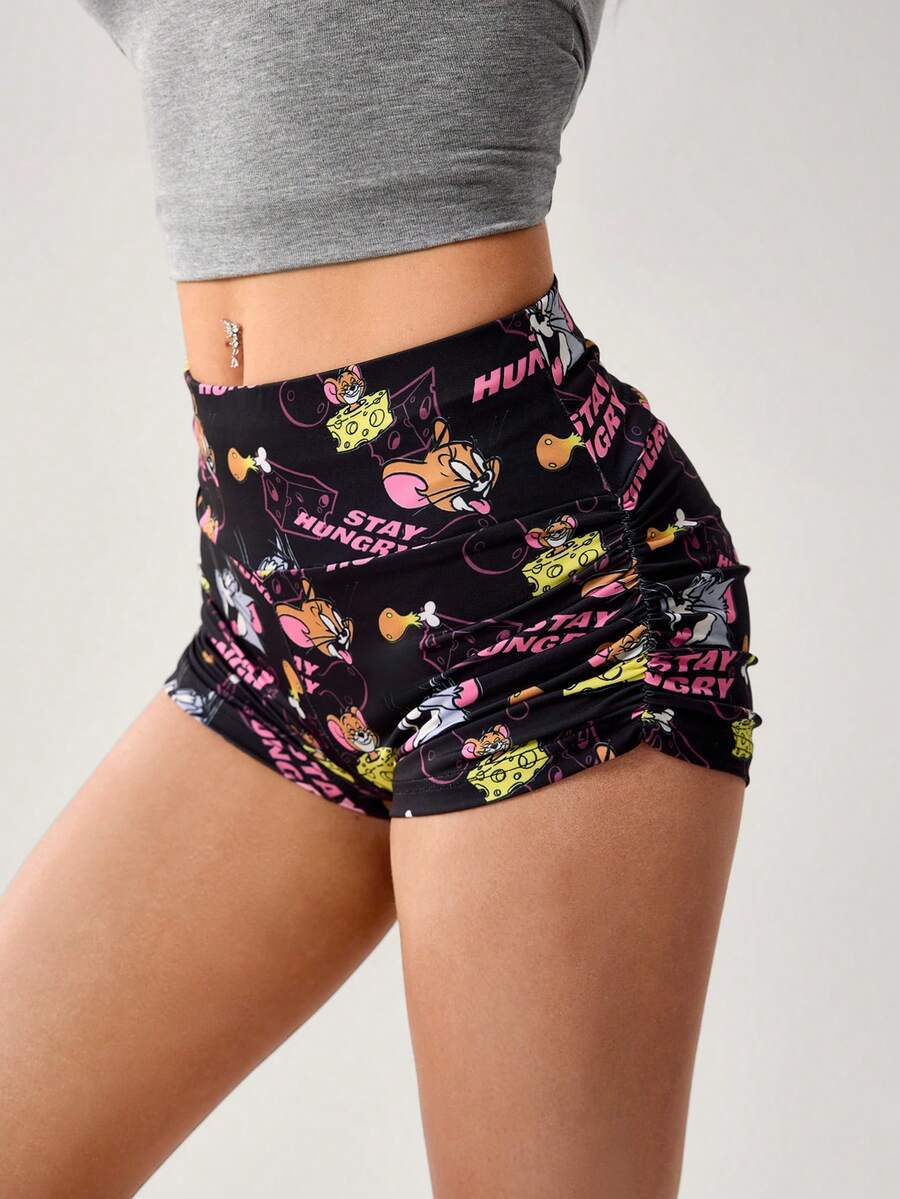 TOM & JERRY X SHEIN 女士休闲可爱卡通奶酪印花褶皱短裤，夏季 - 黑色 - 查看 1