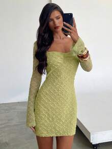 Aloruh Women's Elegant Square Neck Ruched Flare Sleeve Fitted A-Line Mini Dress Light Green Dress