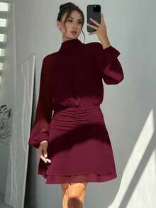 Aloruh Elegant Solid Color Mock Neck Dress, Casual & Party Wear - Rose Red - View 4