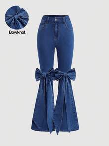 SHEIN Girlism 这款时尚的Y2K都市街头风酷炫蝴蝶结装饰高弹力修身蓝色喇叭牛仔裤，百搭休闲，适合四季日常穿着、度假或生日穿着。 - 深色水洗藍 - 查看 5