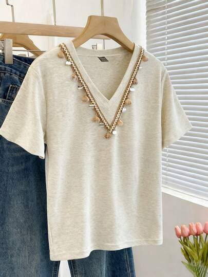 Resyla Women's Summer Splicing Ribbon V-Neck Short Sleeve Casual T-Shirt Sequin Shell Short Sleeve V-Neck T-Shirt Unique Design Casual Loose Elegant Drifting Top, Ash Gray/Apricot T-Shirt