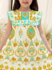 SHEIN Young Girl Floral Print Patchwork Ruffle Hem Casual Minimalist Dress, Suitable For Spring/Summer - Multicolor - View 2