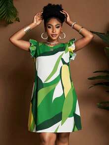 Maweii 春夏彩色A字圆领喇叭袖休闲优雅印花时尚宽松日常/度假连衣裙，大码女款，绿色 - 彩色 - 查看 2