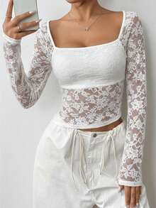 SHEIN EZwear Fashionable Sexy Open Collar Long Sleeve Lace Blouse For Women - White - View 5