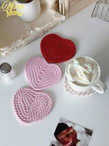 4pcs Valentine's Day Heart Shaped Coasters Handmade Woven Heart Shaped Coasters Pink Red Coasters Non-Slip Absorbent Beverage Mats Suitable For Home Restaurant Tea Cafe Bar Decoration (Without Shelf) - Multicolor - View 5