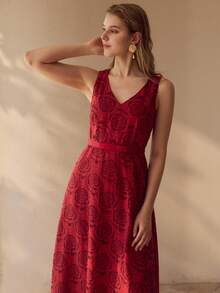 MOTF PREMIUM ROSE FLOWER PRINT MID-LENGTH DRESS - Red - View 3