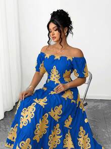 Elenzga Đầm cỡ lớn in họa tiết, thanh lịch, buộc dây, trễ vai, thắt eo. - Xanh đậm - Xem 7